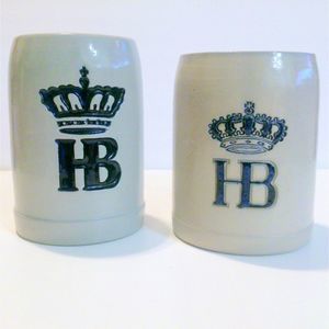 Two Vtg HB Hofbrauhaus Munchen Gray Blue Salt Glaze Stoneware Beer Mugs Steins